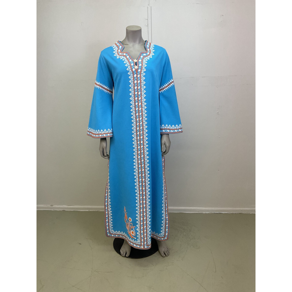 1970’s Embroidered Blue Vintage Hippie Bohemian Maxi Dress